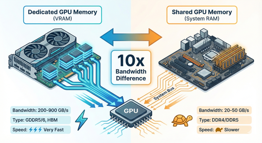 Comparison infographic showing Dedicated GPU Memory (VRAM) is significantly faster than Shared GPU Memory (System RAM). It illustrates a 10x bandwidth difference, with VRAM offering 200–900 GB/s compared to shared RAM's 20–50 GB/s.