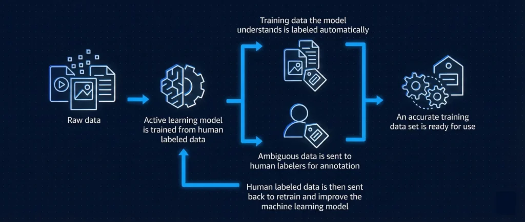 Active Learning workflow diagram illustrating human-in-the-loop data annotation