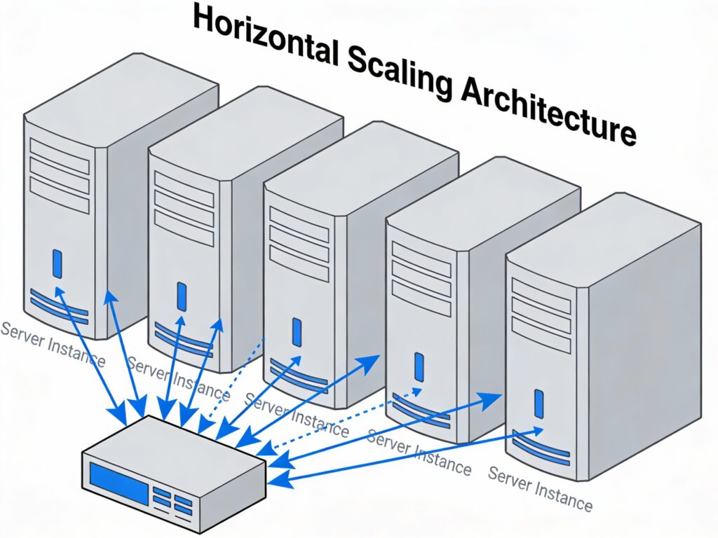 Horizontal scaling architecture with load balancer distributing traffic across multiple server instances