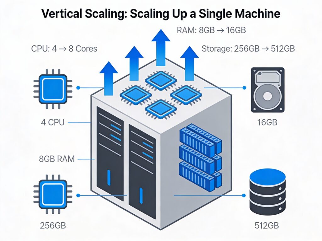 Vertical scaling showing resource upgrades to a single server instance