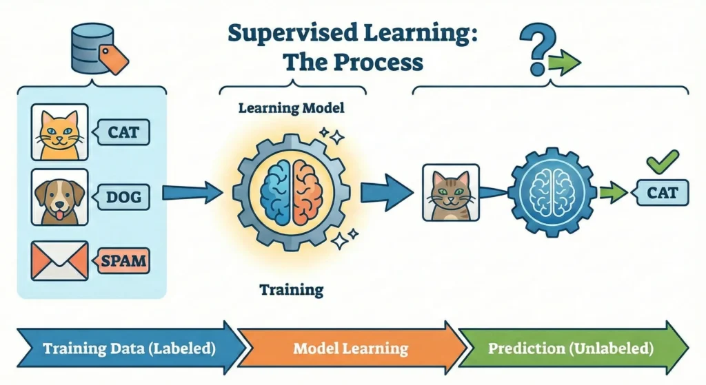 Infographic titled 'Supervised Learning: The Process' illustrating the machine learning workflow. It displays a three-step flow: Labeled Training Data (cats, dogs, spam) enters the Model Learning phase, which then produces accurate Predictions on new, unlabeled data.